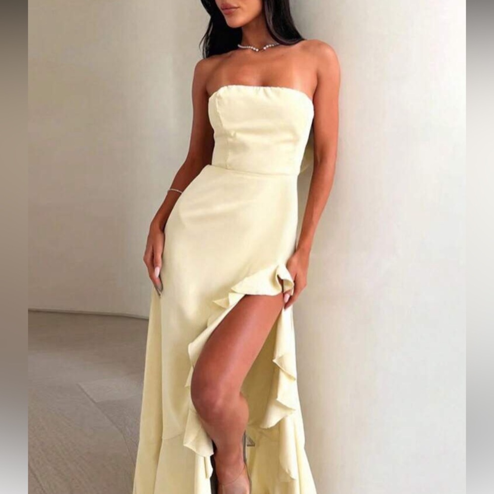 Strapless Yellow Ruffle High-Slit Evening Dress